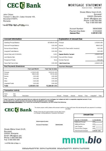 Rumunia CEC Bank wyciąg z kredytu hipotecznego w formatach Word i PDF